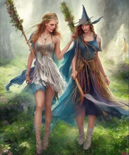 young beautifil pagan witches dancing