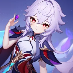 Genshin woman, Clear Focus High resolution, Calm Background, Light skinned woman, Purple long beatiful hair, Red sparkling eyes, Very Beatiful Face, Splash art