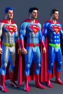 three men in different Balenciaga Superman's clothing, fashion plates, deconstructed tailoring, rendered in cinema4d –q 2 –ar 3:5