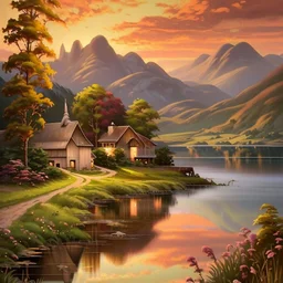 An exquisite oil painting capturing a dreamlike paradise, with a charming little farmhouse nestled by a calm lake. The farmhouse, with its rustic appeal, contrasts against the serene water, surrounded by a lush, verdant forest and rolling hills. The background unfolds into a dramatic landscape, featuring towering mountains and a stunning sunset sky that casts warm, vibrant hues across the scene. The artist's mastery is evident in the seamless blend of traditional oil painting techniques with the