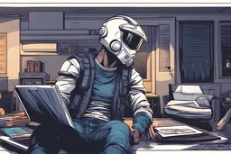 a man with a helmet large visor, cyberpunk, t-shirt and jean pants, living room, computer, comic book art style, night time,