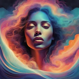 piece of album art with a women fusion with light, abstract style album cover, high level of noise and subtle texture, psychedelic cover, emotional soul, shapes and waves.