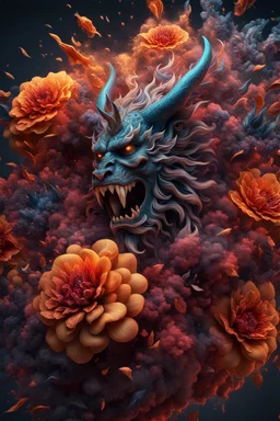 "Generate a captivating digital 3d , 8k realistic abstract image where a vivid explosion of images bursts forth, weaving together elements of demons, tattoos, flowers, and storms