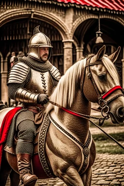 A purebred horse with a knight from the Middle Ages