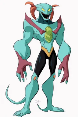 This new alien from the Ben 10 cartoon looks like an alien with an advanced and amazing appearance. He is distinguished by his slender and flexible body, which indicates his high alien capabilities. His skin appears light blue, adding to his feral character