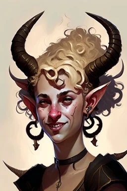 A young tiefling woman with a set of ram horns and a set of twisted gazelle horns on her head. Blonde, short curly hair, black eyes with no pupils, she is happy