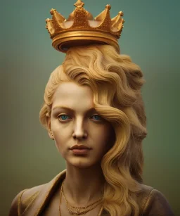 Statue of Queen of photography. Cute blonde woman. Photographer in golden crown. Standing on the street. Big camera in her hand. hyperdetailed, photorealistic, trending on artstation, greg rutkowski, beksinski, kodachrome, bokeh, red and gold