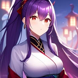 girl, masterpiece, best quality, volumetric lighting, detailed outfit, perfect eyes, purple hair, red eyes, long hair, ponytail, obi,