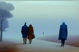 two people without gender seen from behind walking side by side in an empty foggy plain, above there is blue sky by artist "Leonora Carrington"