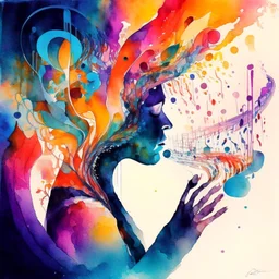 A watercolour painting, A person immersed in a surreal orchestra where musical notes and soundwaves blend with vivid colors and shapes. This artwork could represent the fusion of sensory experiences, blurring the boundaries between what they see, hear, feel, and imagine.