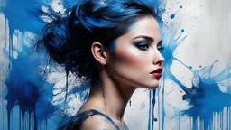 masterpiece, best quality, ultra high res, 1girl, (abstract art:1.4), bleeding blue, blue theme, visually stunning, beautiful, evocative, emotional, side view,