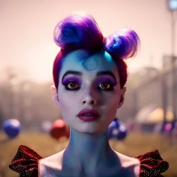 Ultra realistic circus scene. Sweet hair monster dancer. night, smooth color, waist up view, Wes Anderson style, happy, dark ambient, highly detailed, concept art, unreal engine 5, god rays, ray tracing, RTX, lumen lighting, ultra detail, volumetric lighting, 3d, finely drawn, high definition, high resolution.