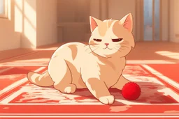 cute fluffy chibi beige cat playing with a giant plush red covid virus in a modern hall on a carpet in sunshine