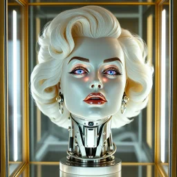 A hyper-realistic, vertical bust of a cybernetic Marilyn Monroe, platinum curls and beauty mark intact, in a champagne-gold acrylic display case. Sleek chrome implants, LED eyes, and exposed circuitry highlight futuristic enhancements.