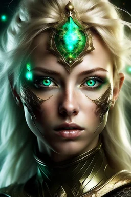guerriero cosmico viso bellissimo capelli biondi occhi verdi