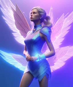 A crystalised queen, atmospheric, realistic, unreal engine, cinematic lighting, octane render. blue, pink, transparency, light, shine,bright, full body, transparent wings, blonde, long hair