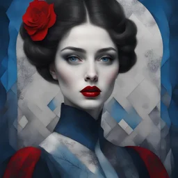 Anna Karenina; A beautiful woman standing in a dark, realistic blue eyes, mixed media, patchwork, quaint, Goth, black and white textures, splashes of red, red lips, by Aubrey Beardsley by Tomasz Setowski by Iwona Lifsches. 3D image