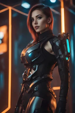 Ultra realistic photo of a sci-fi cyberpunk girl. High-tech futuristic woman from the future. The concept of virtual reality and cyberpunk. , futuristic style, HOF, captured with professional DSLR camera,64k, ultra detailed,