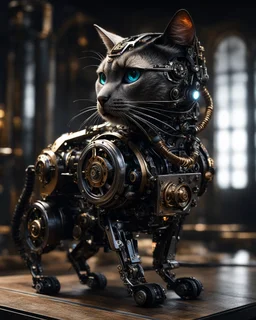 Mechanism cat robot,hyperrealism, masterpiece, expert, 8K, dramatic lighting, sharp focus, dark, black, steampunk