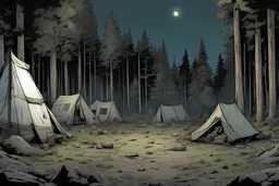 night time, camp, forest, post-apocalypse, front view, comic book, cartoon