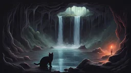 dark place, cozy place, old gods, small black cat in the distance, Lovecraft, abyss, liquid creature,few creatures, the foot of the waterfall, spacious place