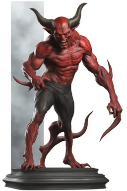 Realistic devil leaning forward at an angle facing left, posed as if over a shoulder, red skin, horror style, no other person.