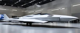 A photo from a distance shows the overall shape of a futuristic and sophisticated fighter plane with a design like a futuristic spaceship in a technology exhibition space event.