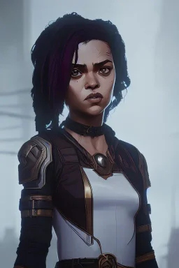 portrait,beautiful tessa thompson, long hair, post-apocalyptic in a cyberpunk city, realistic, intriacte detail, sci-fi fantasy style, volumetric lighting, particales,highly detailed,cinamatic, deep colours,8k