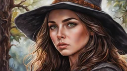 acrylic illustration, acrylic paint, oily sketch, intricate details, hdr, intricate details, hyperdetailed, natural skin texture, hyperrealism, sharp, 1 girl, adult (elven:0.7) woman, freckles, grey eyes, chestnut layered hair, portrait, looking down, solo, half shot, detailed background, witch hat, witch, magical atmosphere, hair flowing in the wind, red trimmed light colored clothes, whirlwind of swirling magic spell in the air, dark magic, (style-swirlmagic:0.8), floating particles,
