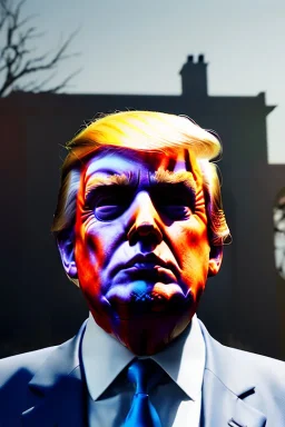 Ultra realistic image, Donald trump zombie, zombie performance, suit, skull, blood, torn arm, night, walking twisted, waist up view, thriller style, dark ambient, highly detailed, White House background, concept art, unreal engine 5, ray tracing, RTX, ultra detail, volumetric lighting, high definition, high resolution.