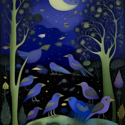A violet outer space with alien birds designed in Heidrun manuscripts painted by Henri Rousseau