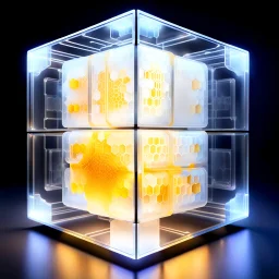 a futuristic translucent neurocube, inside the cube there are partitions made of honeycomb plates