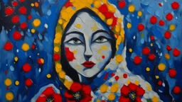 woman . blue and white cloak, dotted face, red poppy flowers, emotion minimalism, yellow swirls, pastel world, Dynamic , matte colors, frame effects, ((painterly)), (dark tones), muted colors, (expressive strokes), detailed, expressionist, art brut, outsider art, naive art, darkmood, míro style