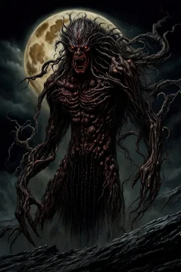 A dramatic digital painting portraying a horror monster under the Moon, veins pulsing, claws of temptation visible, soul in turmoil. In the style of Luis Royo and Boris Vallejo and Giger and Ridley Scott, vivid colors, swirling brushstrokes, highly detailed, 8k resolution, surrealistic., juicy emotions, painting, gloomy fantasy, gloomy day, dark world, portrait, wide strokes, a weaving frame around, by Ryohei Hase, Agnes Cecile, Raymond Swanland, Anne Bachelier