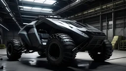 Futuristic big all-terrain vehicle inside hangar