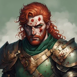 Bloodied and bandaged, they slump with heavy, pained movements. Bloodshot eyes with dark circles betray their exhaustion, while pale, sweaty skin reflects their struggle. Flos is over six feet high and has golden-red hair with slightly faded colors and a beard. He has emerald-green eyes. King ornate armour