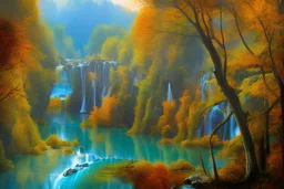 oil painting style, The lakes of Plitvice