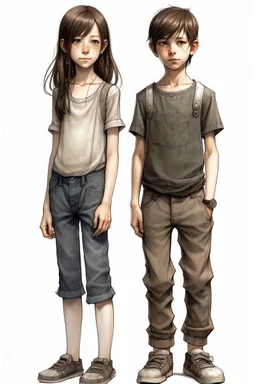 tom-boy girl of 13 years, realistic style, very thin body, long arm, salopette dress, total body