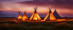 Prairie landscape, magic hour lighting, 3 teepees, historically authentic