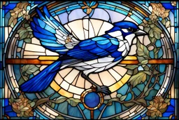 vitrail d'un geai bleu ailes déployées art déco d'après mucha