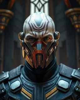 heavily scarred head bald male corellian jedi wearing gunmetal grey and black old republic armored flightsuit and breath mask with gold and metallic red trim inside the jedi temple, centered head and shoulders portrait, hyperdetailed, dynamic lighting, hyperdetailed background, 8k resolution, volumetric lighting, light skin, fully symmetric details