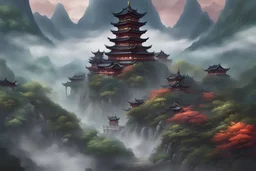 digital paint style, HD, detailed, colourful, Epic, fantasy Imperial China, epic mountains with lush greenery, fog and a pagoda, epic fantasy, cool