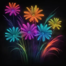 Dancing Colorful Neon Flowers With Neon Grass Whirling Dark Grunge Rustic Background.