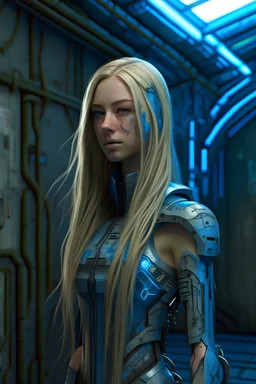 Cyborg female evolving | very long blonde hair | concrete floor | detailed | fine art | highly detailed | smooth | sharp focus | ultra realistic | full body portrait view | Mysterious | blue metal, smile