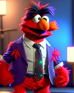 hybrid character, Elmo muppet head, real man body, human arms and hands, Shirt and tie, concept art, smooth, unreal engine 5, god lights, ray tracing, RTX, lumen lighting, ultra detail, volumetric lighting, 3d, finely drawn, high definition, 4k.