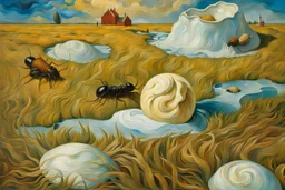 lies down in the grass a Fallen Ice-cream, the ice cream melting, detalied painting by Van Gogh and dali, ants crawling on ice cream , high detailed, sharp focuses, masterpiece