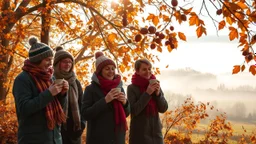 Autumn: falling leaves, Misty mornings, fog over distant fields or forests, sunshine; people wearing scarves, woolly hats, gloves, holding steaming hot drinks; chestnuts, acorns, berries, rowan, holly, mistletoe, birds migrating, squirrels gathering nuts, rabbits, beautiful colours, atmospheric. Award winning photograph.