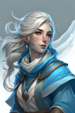 young female wind genasi life domain cleric dnd warm hair blue skin