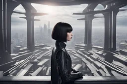 girl wearing black leather, shoulder-length bob, with fringe, in a science fiction building looking out over a large city