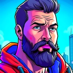 comic book realistic man with beard character closeup city background